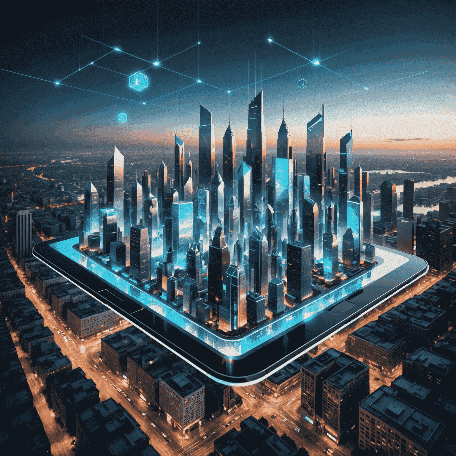 A futuristic cityscape with holographic mobile app interfaces floating above, symbolizing the innovative and transformative power of Qubetics' mobile app development services