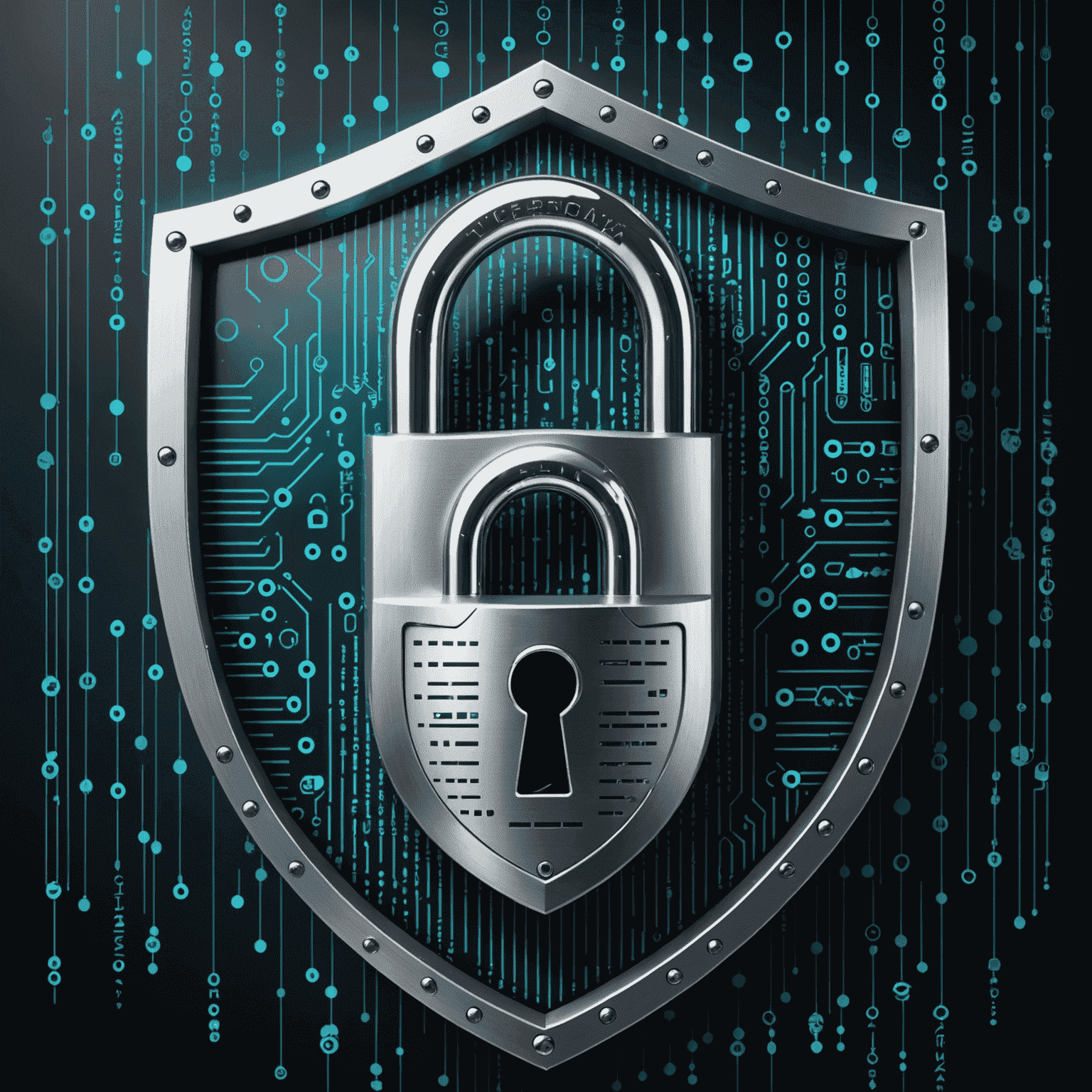 Cybersecurity concept with lock, shield, and binary code